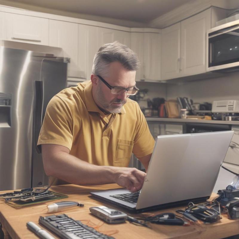 Kỹ thuật viên đang kiểm tra và sửa laptop không lên nguồn tại nhà khách hàng